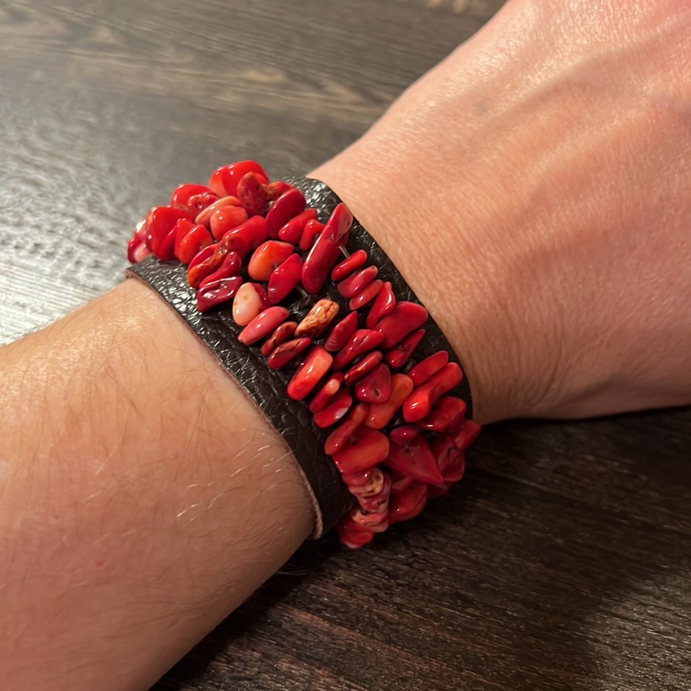 Red Coral Beaded Leather Bracelet Cuff